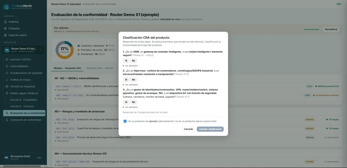 Ejemplo: Clasificación y evaluación de la conformidad