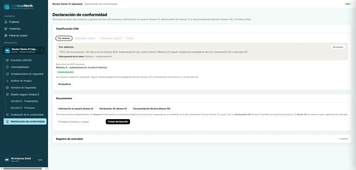Ejemplo: Documentación obligatoria (DoC / Anexo V, II, VII)